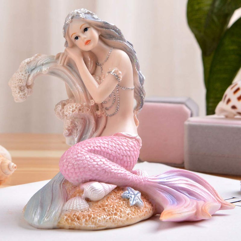 Rayberro Pink Mermaid Figurines 4.72" Resin Mermaid Sculpture Mediterranean Princess Ornaments Home Office Desktop Bookshelf Mermaid Collectible Figurines Crafts Fish Tank Aquarium Decoration - Image 3